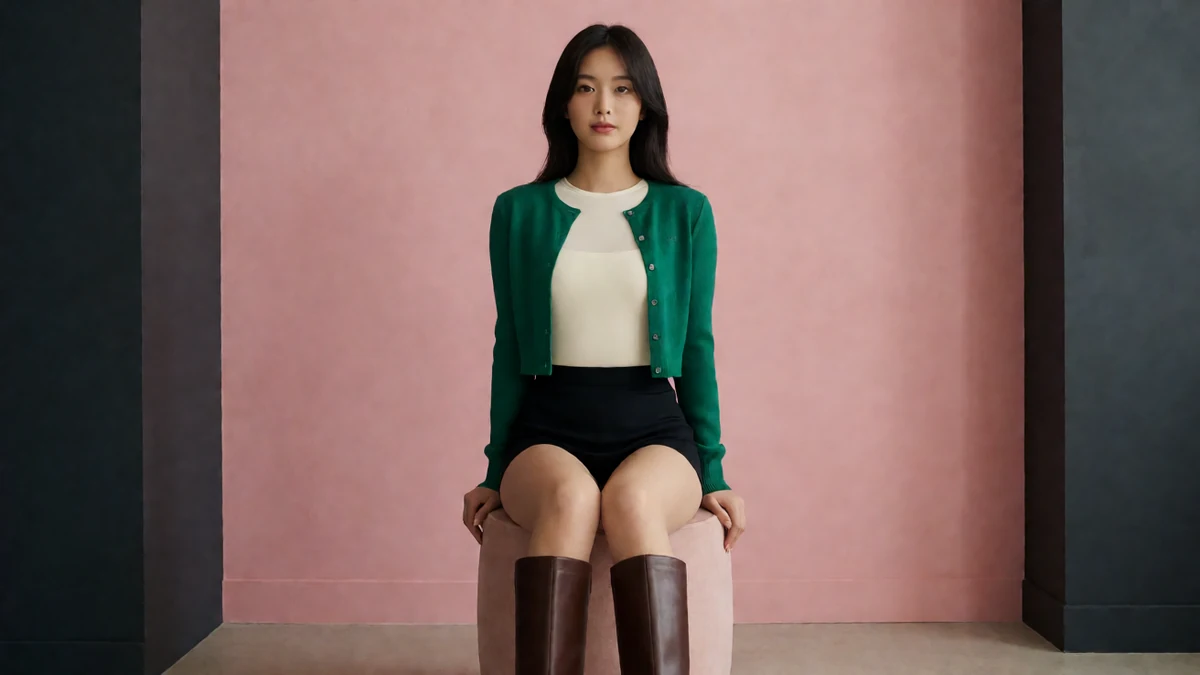 绿色开衫主题图：成年女子穿绿色外套和黑裙坐在粉色背景前