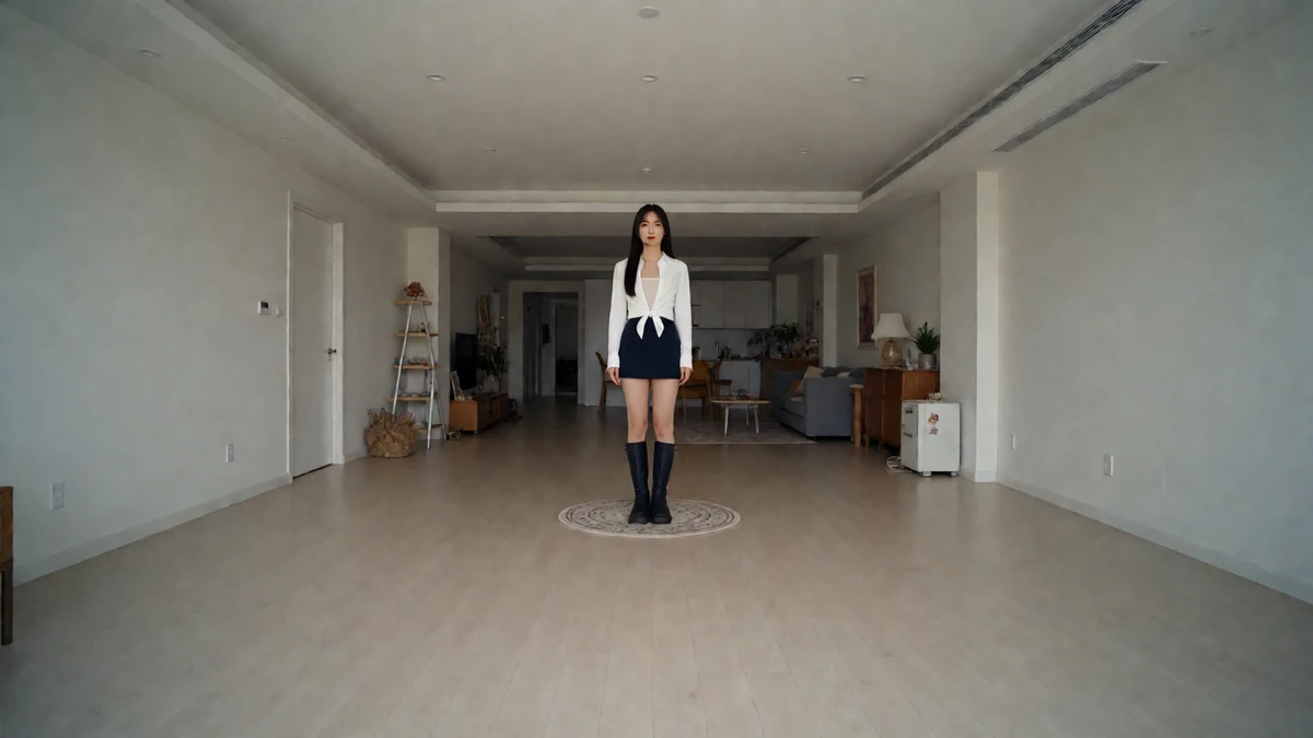 番号分类主题配图：成年女子穿白色上衣与黑裙站在宽敞室内