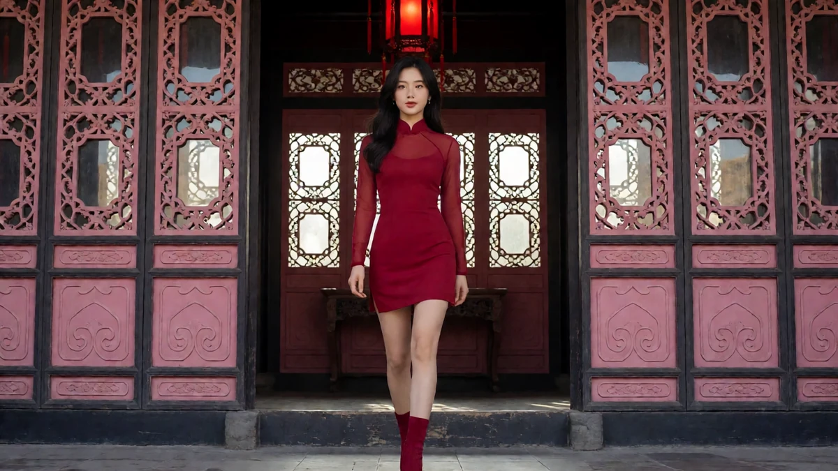 复古旗袍主题图：成年女子穿红色短旗袍站在雕花门廊前