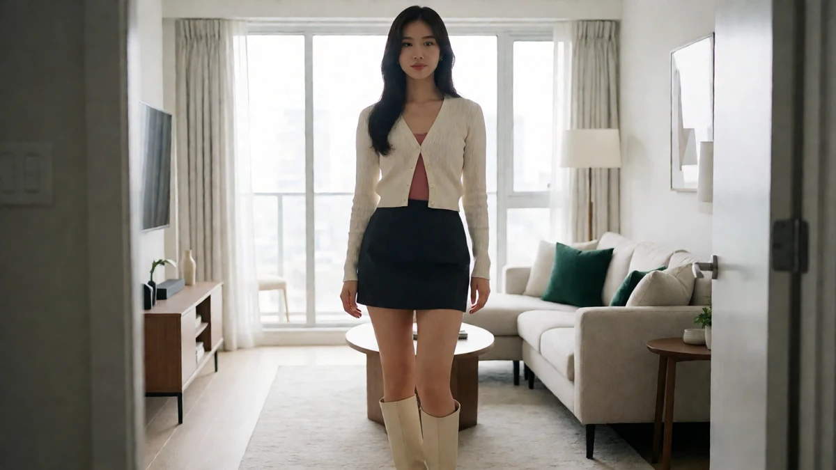 窗边客厅主题图：成年女子穿白色外套和黑色短裙站在沙发前