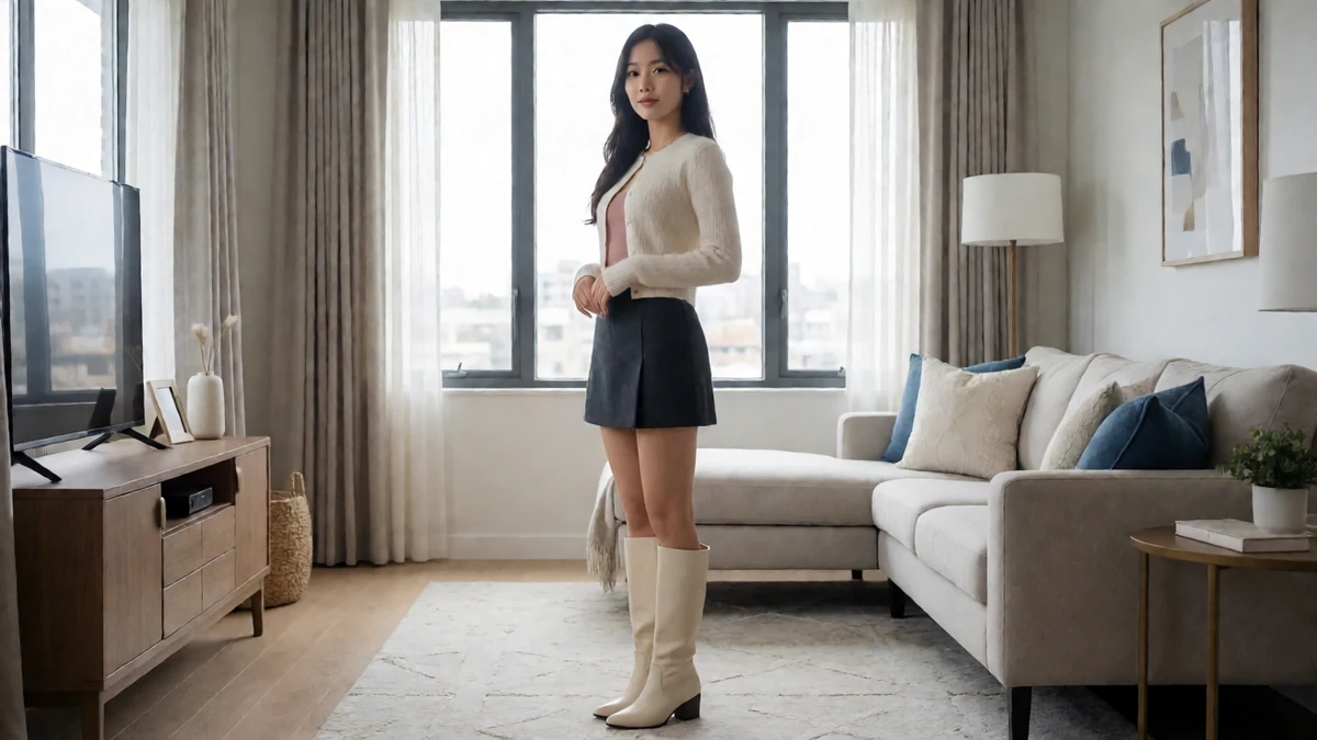 客厅侧身主题图：成年女子穿白色上衣、黑裙和浅色长靴站在沙发旁